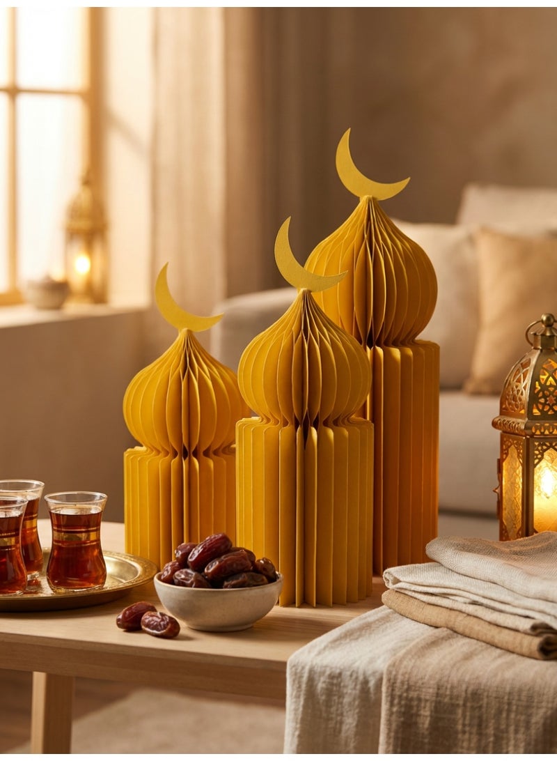 Tanseeq مجموعة من 3 قطع من مركزيات المسجد بتصميم خلية النحل الذهبية لديكور رمضان الأنيق لاحتفالات عيد مبارك لوازم الحفلات زينة طاولة المسجد - Image 2